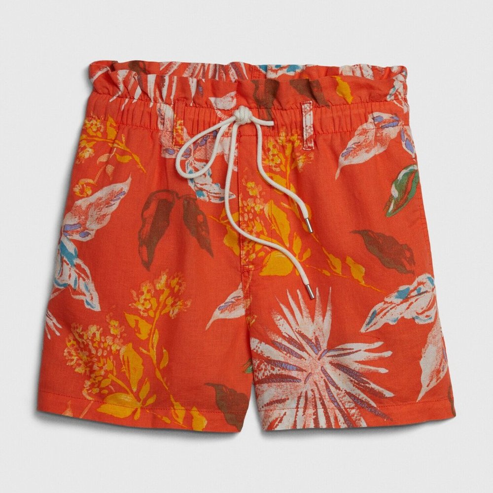 Paperbag Pull-On Print Shorts in Linen-Cotton